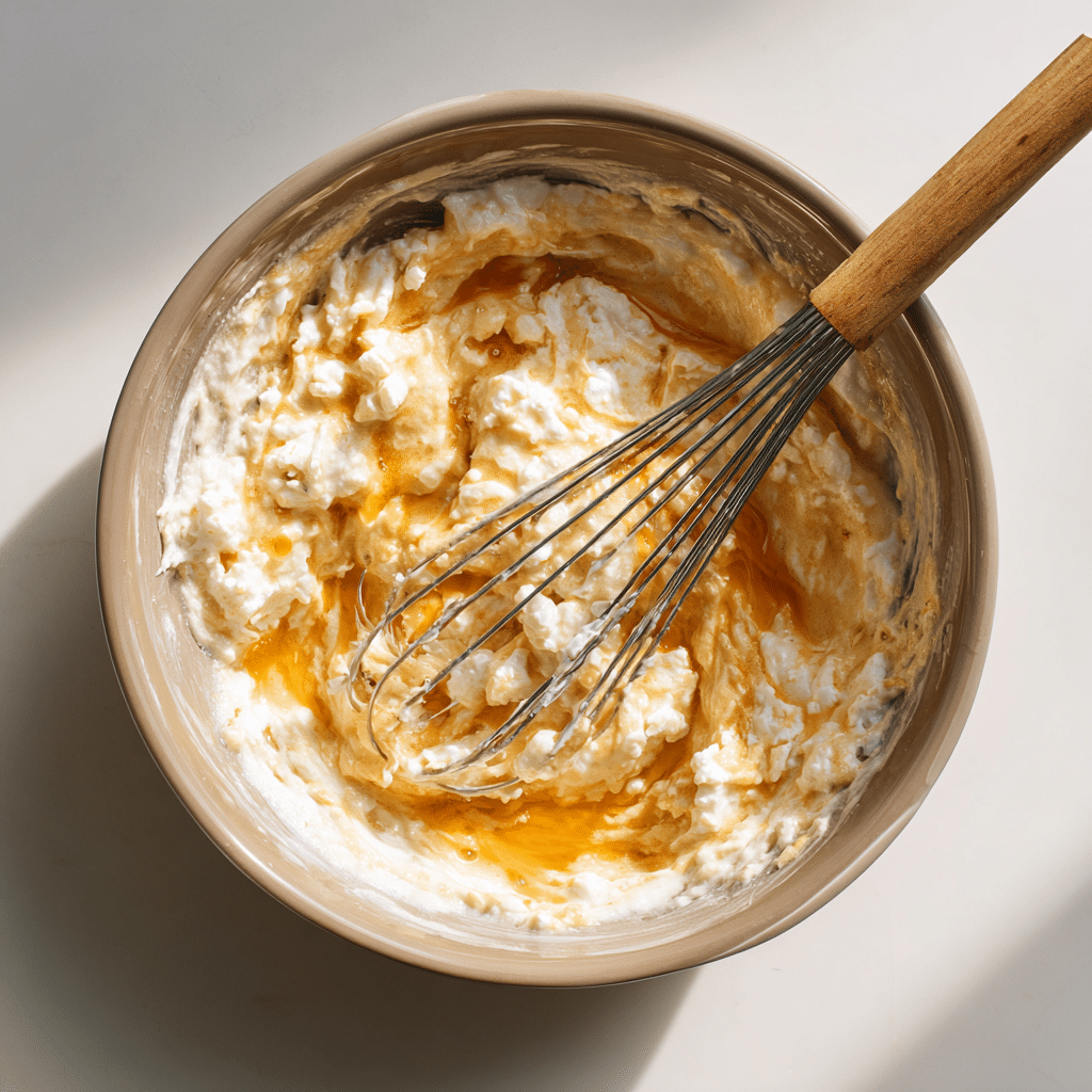 Mixing cottage cheese and banana for muffins