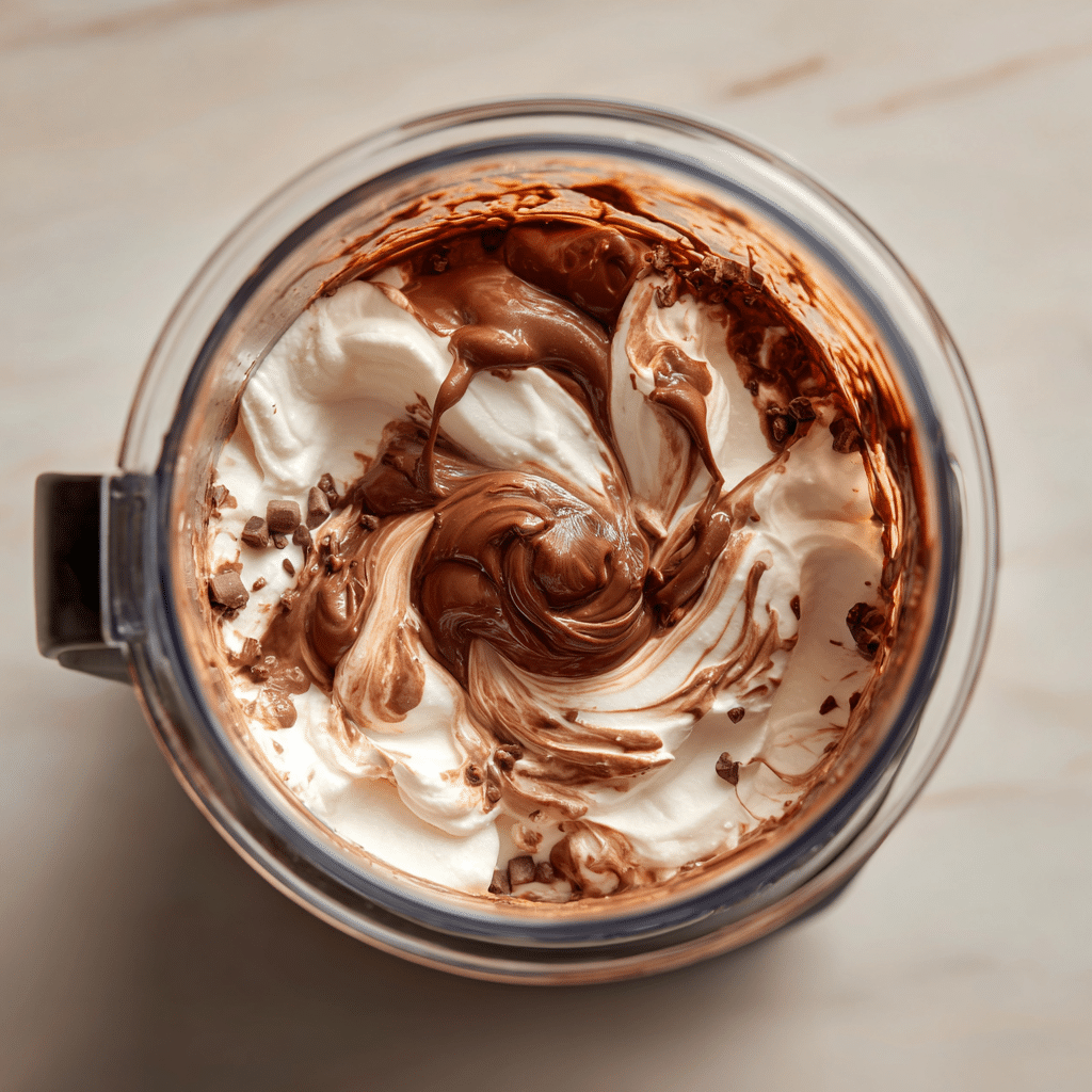Cottage cheese and chocolate blending together into mousse