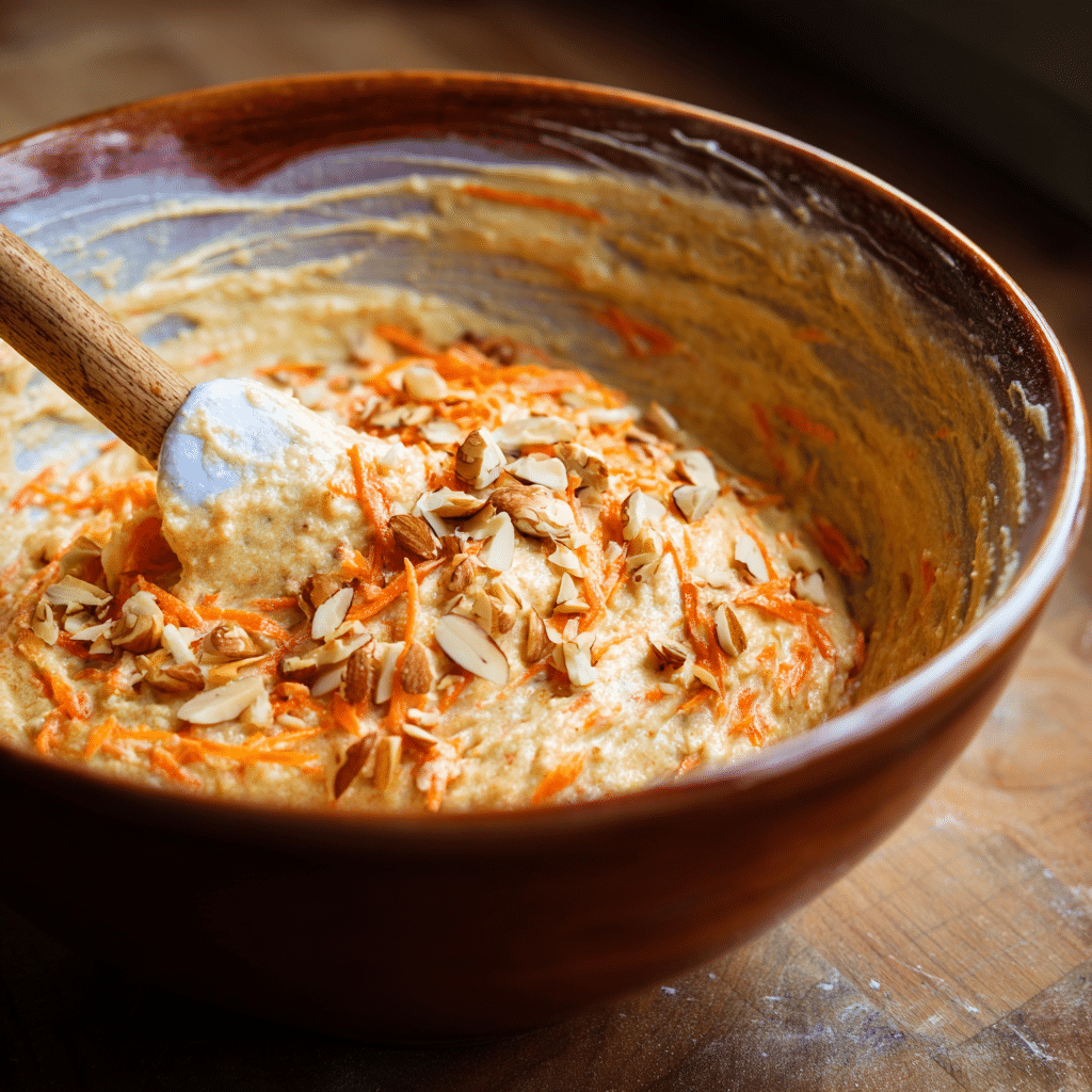 Carrot bundt cake batter being folded