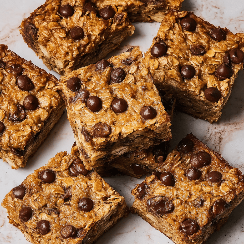 Chocolate chip banana oatmeal bars stacked on parchment