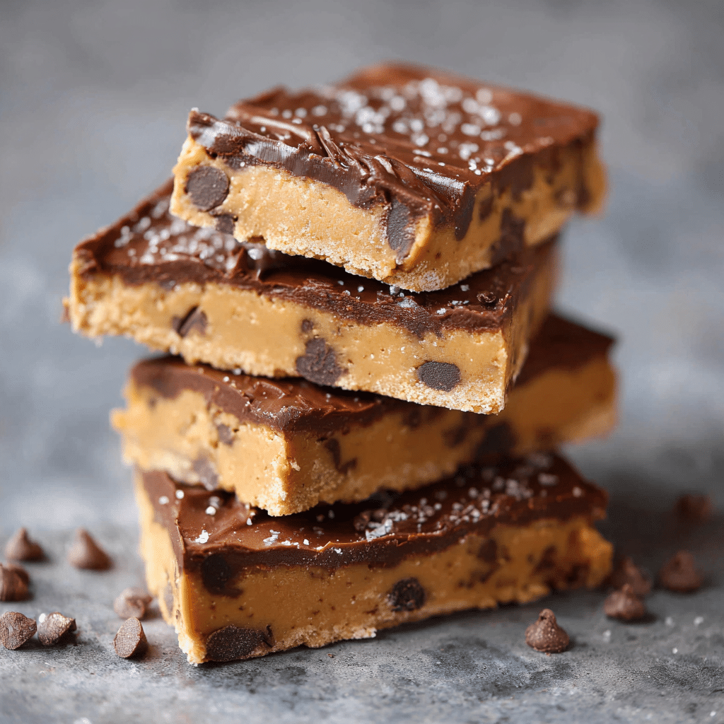 Cookie dough protein bars stacked with chocolate topping