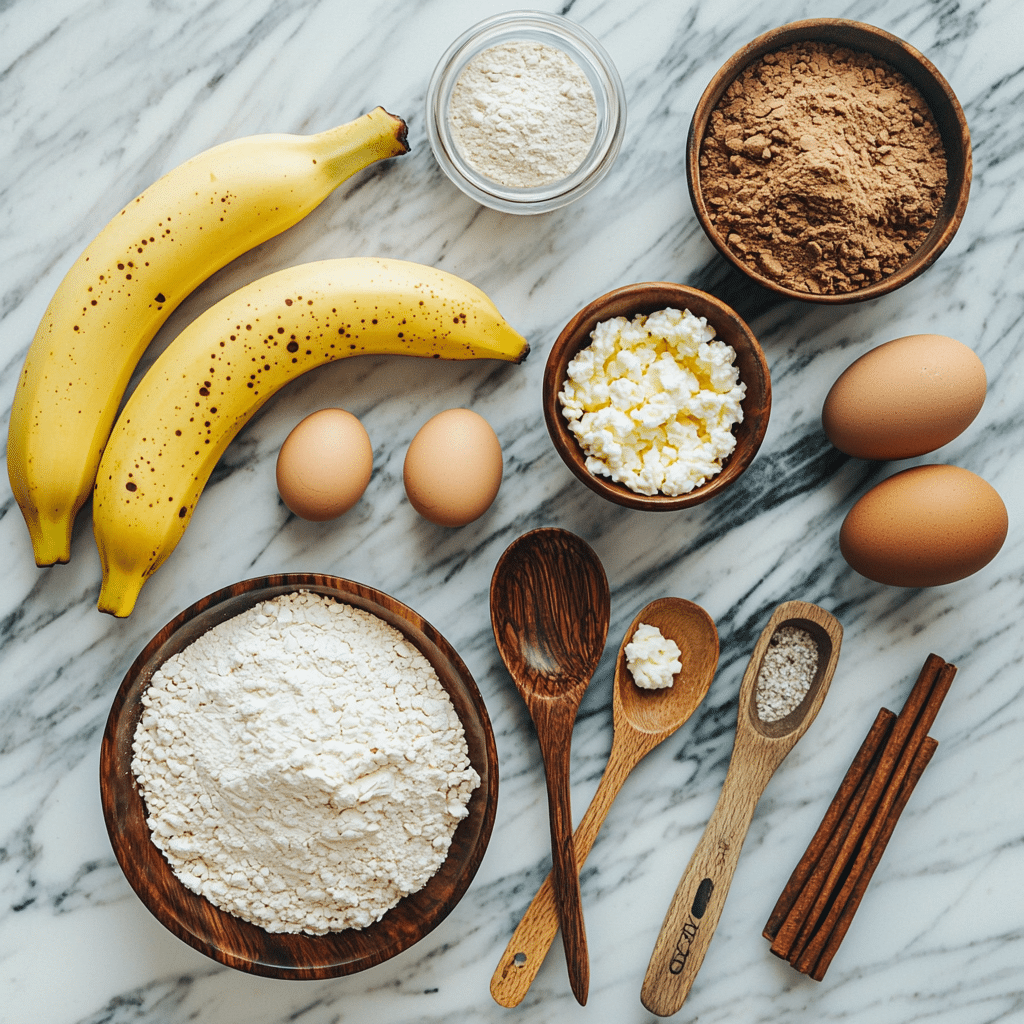 Ingredients for cottage cheese almond flour banana bread laid out