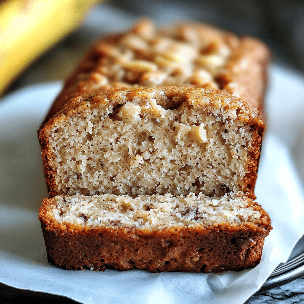 Cottage cheese banana bread no flour sliced on a rustic table