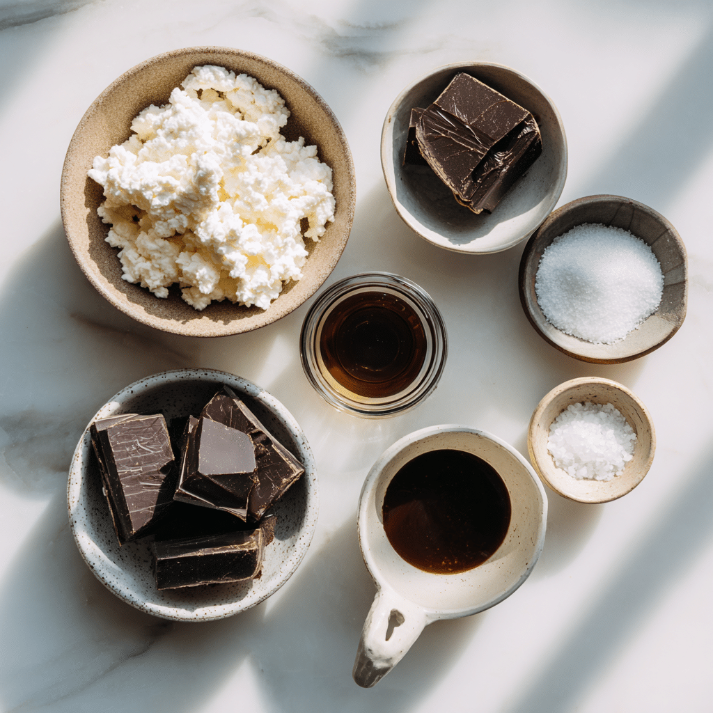 Ingredients for cottage cheese chocolate mousse laid out on a marble surface
