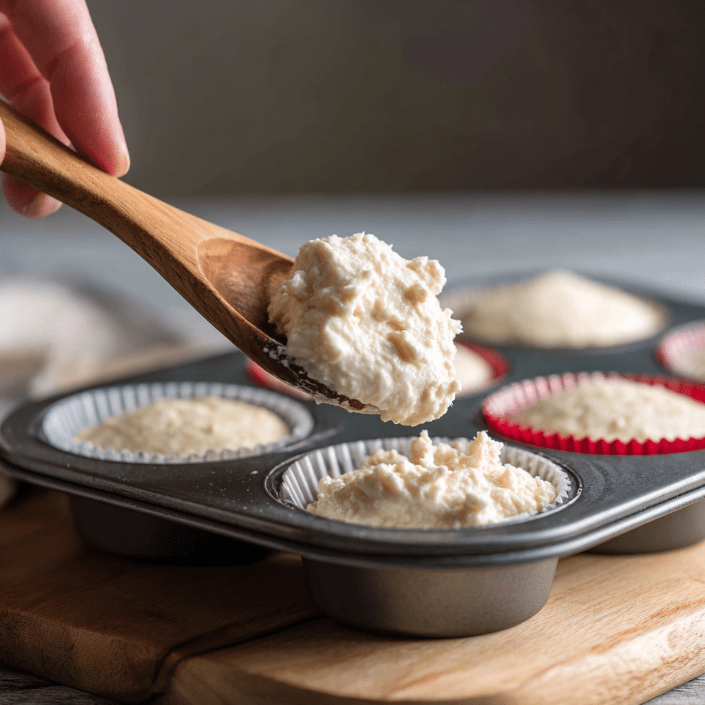 Muffin batter being added to tin