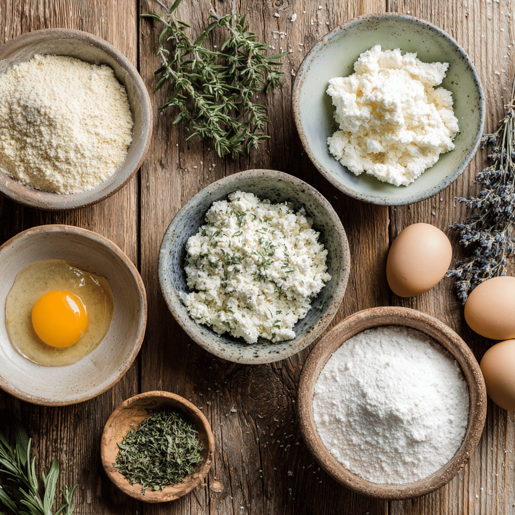 Ingredients for cottage cheese muffins laid out in bowls