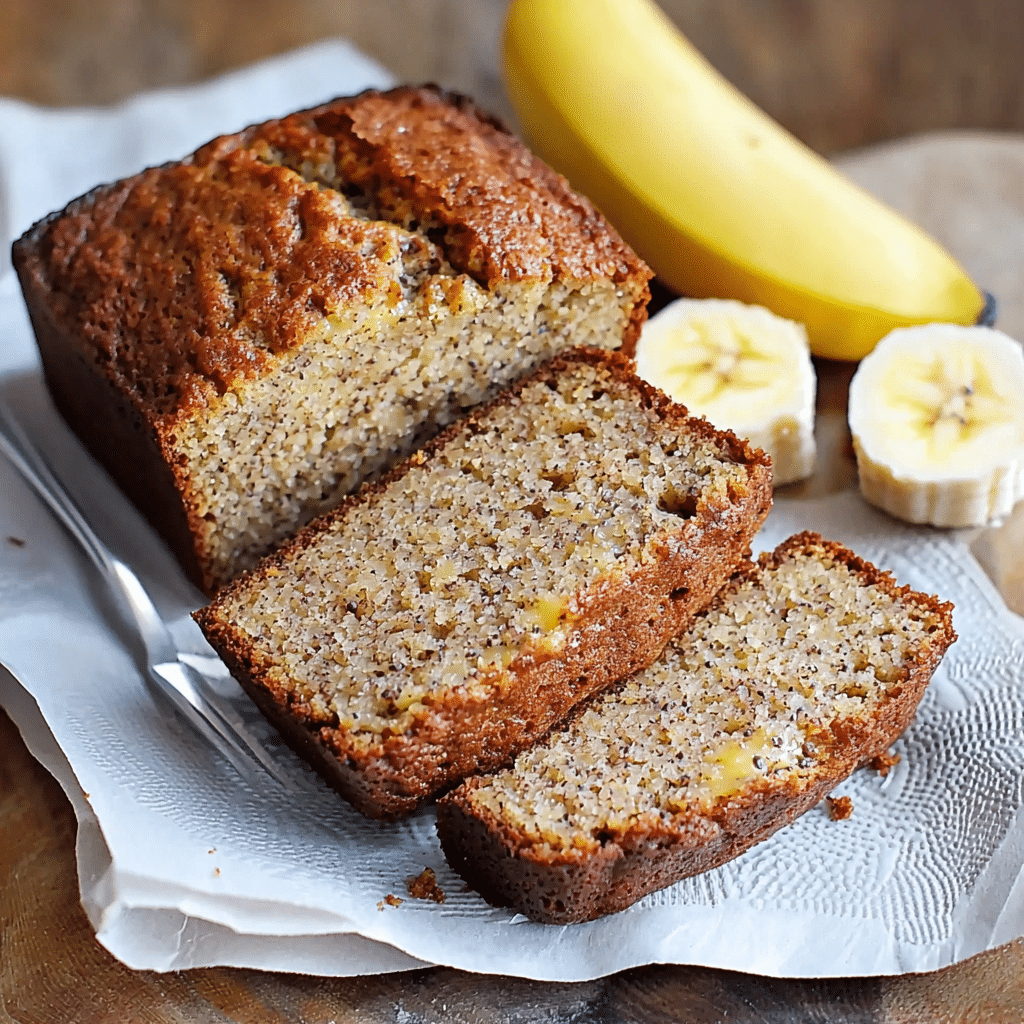 Cottage cheese protein banana bread sliced on a rustic board
