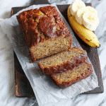 Cottage cheese protein banana bread sliced on a rustic board
