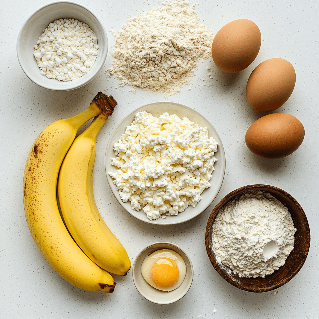 Ingredients for cottage cheese protein banana bread laid out