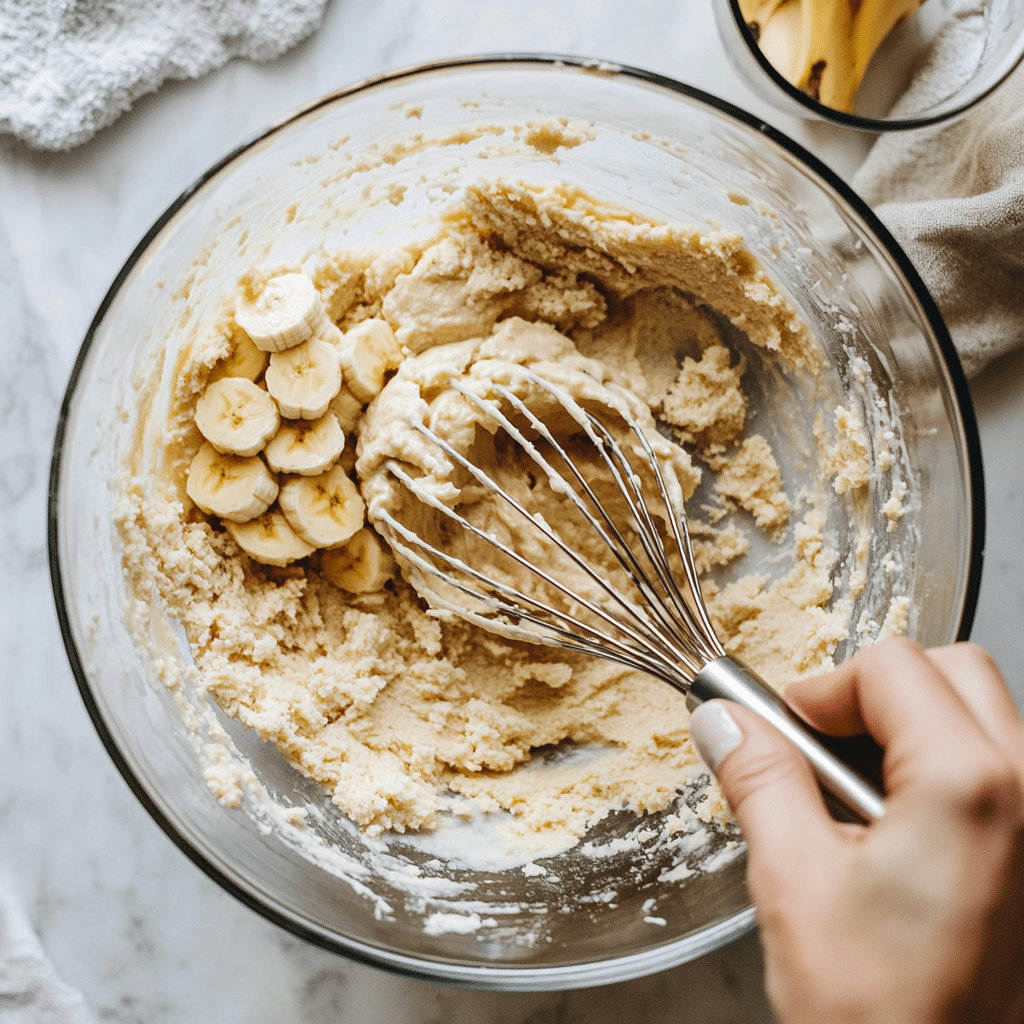 Mixing batter for cottage cheese banana bread (sugar free)