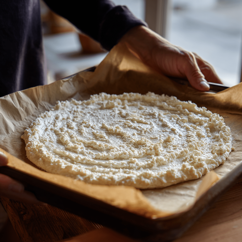 Spreading cottage cheese pizza crust mixture on tray