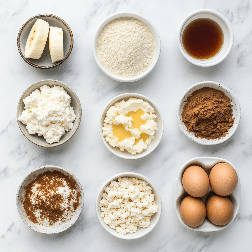 Ingredients for cottage cheese banana bread (sugar free)