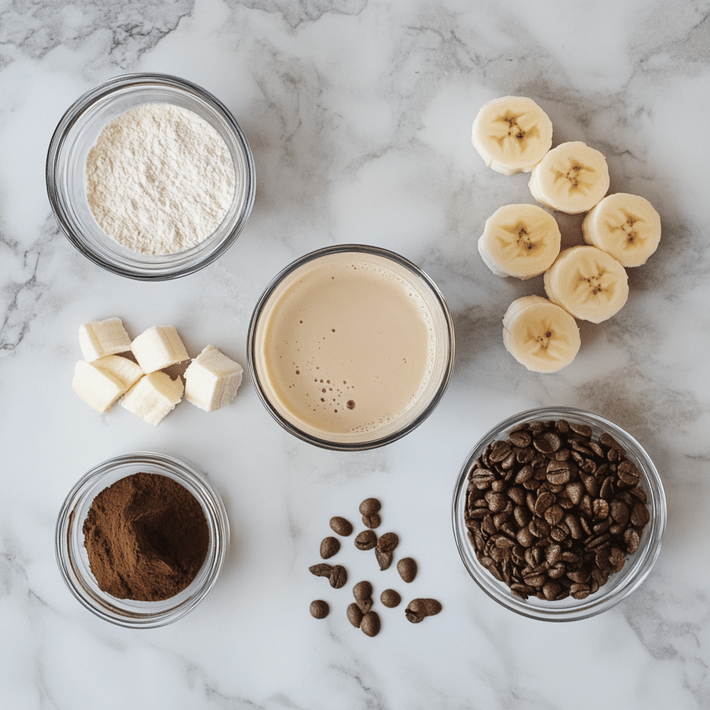 Banana bread latte ingredients flat lay