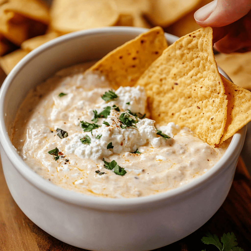 Cottage cheese queso dip in a rustic bowl