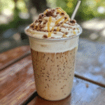 Served banana bread latte with banana bread slice