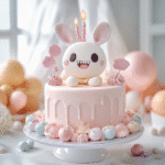 Labubu cake topper on pastel birthday cake