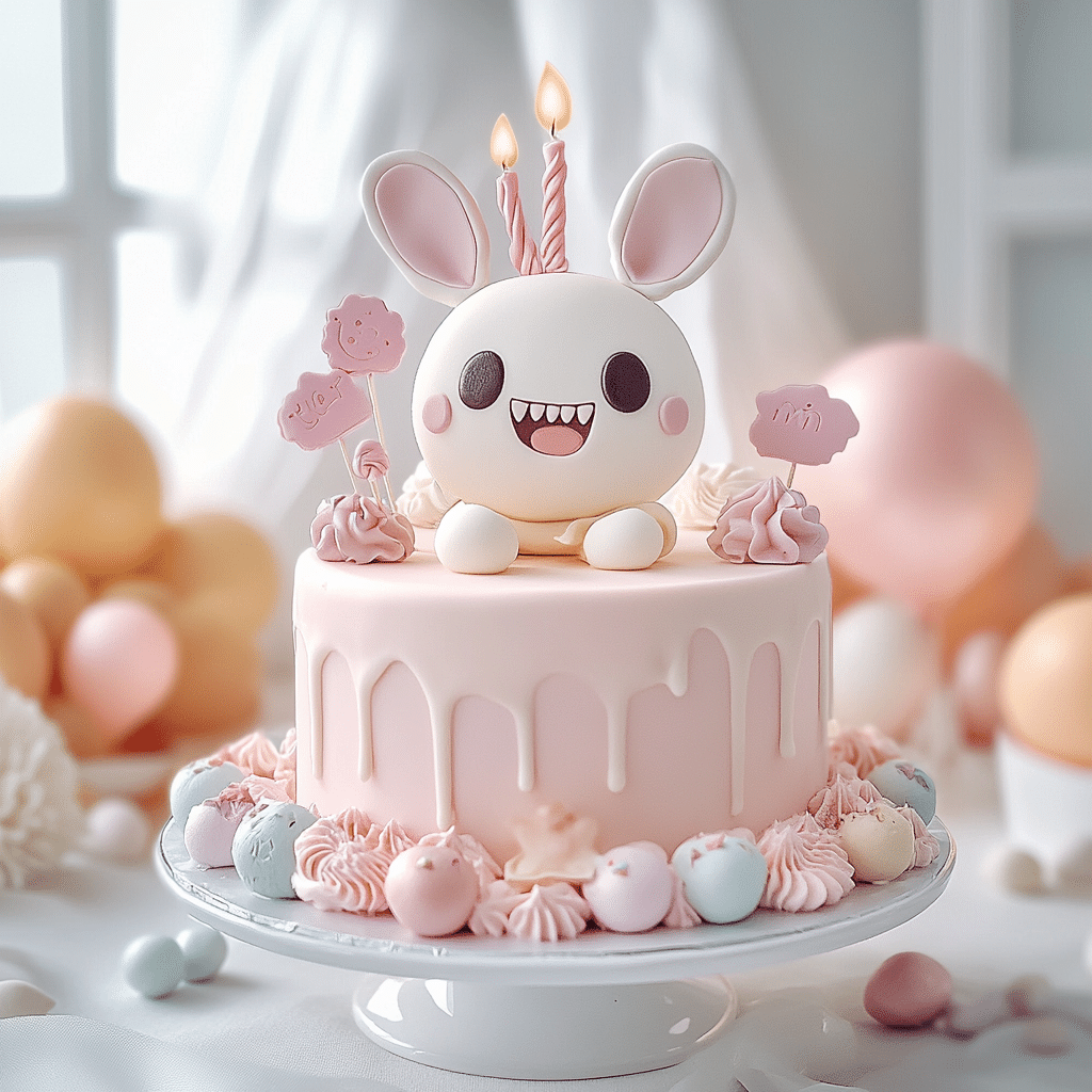 Labubu cake topper on pastel birthday cake