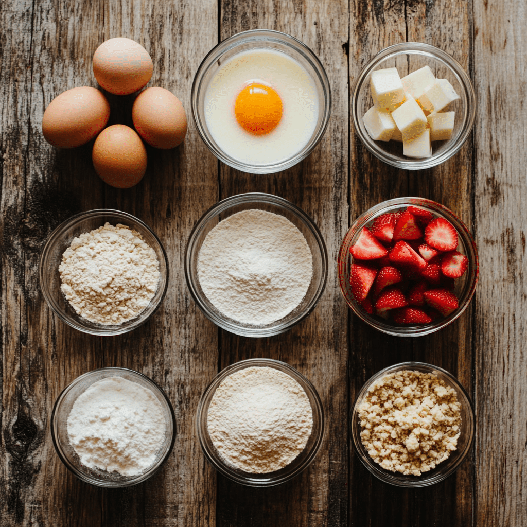 Ingredients for no sugar strawberry cake in bowls