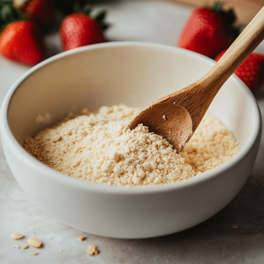 Mixing dry ingredients for no sugar no flour strawberry cake