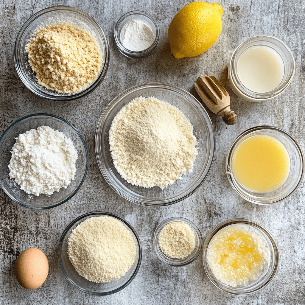 Keto lemon cake ingredients in bowls