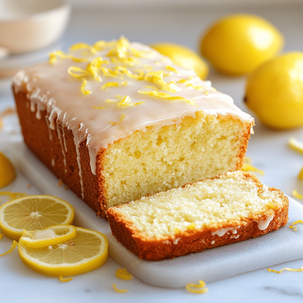 Sugar Free Lemon Cake sliced on wooden board with lemon glaze